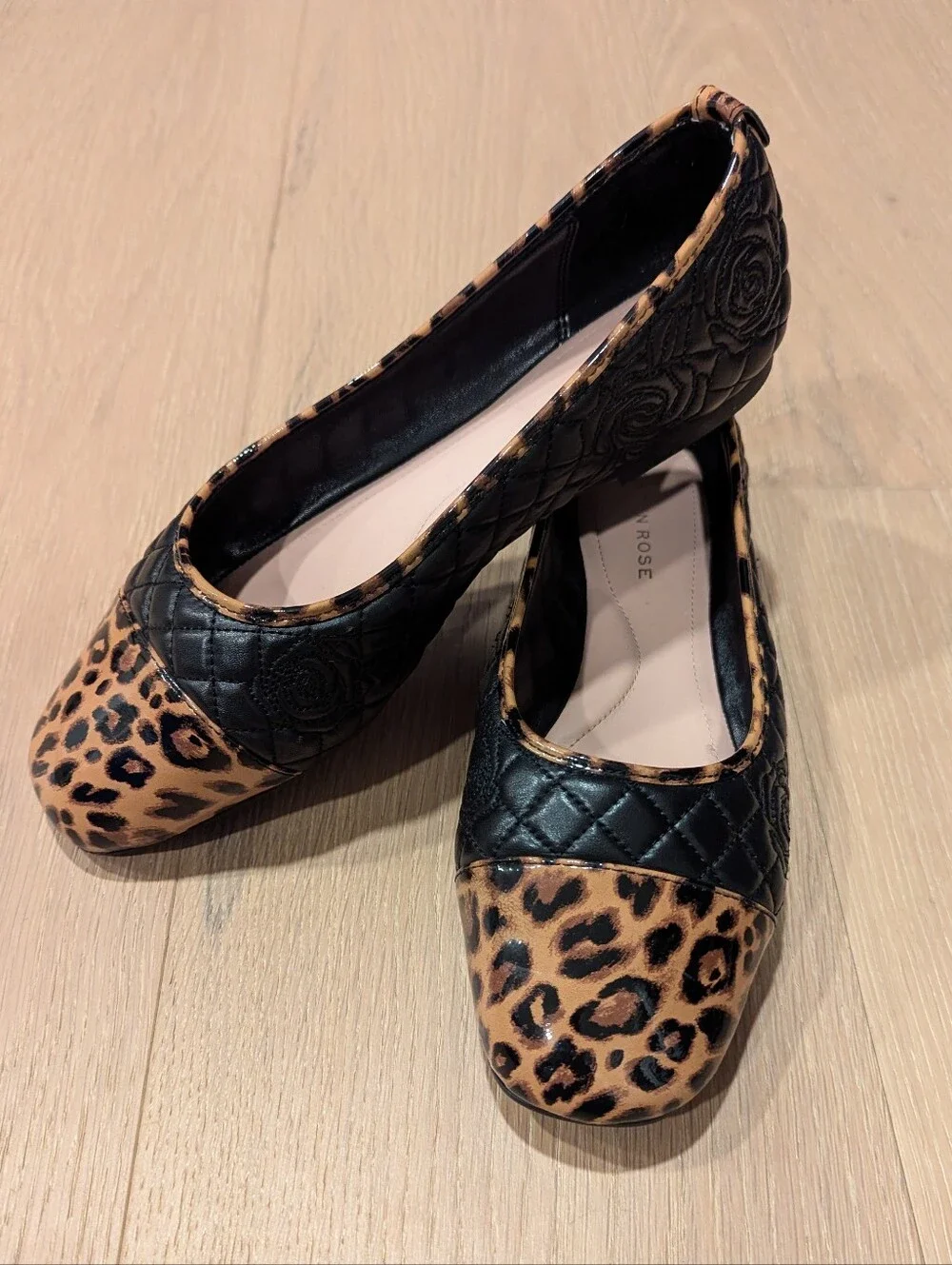 Taryn Rose Quilted Black Flats with Leopard Cap Toe